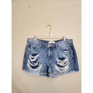 KanCan‎ Womens Blue Solid Denim Distressed High Rise Cut Off Jeans Shorts 13/30